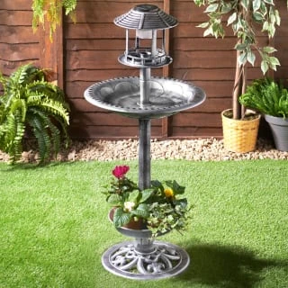 4-in-1 Bird Bath With Planter & Solar Light - Pewter 2 4-in-1 Bird Bath With Planter & Solar Light - Pewter - Image 2