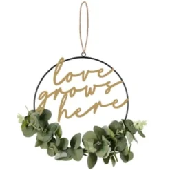 B&M Botanical Garden Hanging Hoop With Slogan -B&M Garden Shop 379615 botanical garden metal hoop with gold wording and leaves love grows here