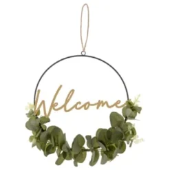 B&M Botanical Garden Hanging Hoop With Slogan -B&M Garden Shop 379615 botanical garden metal hoop with gold wording and leaves welcome